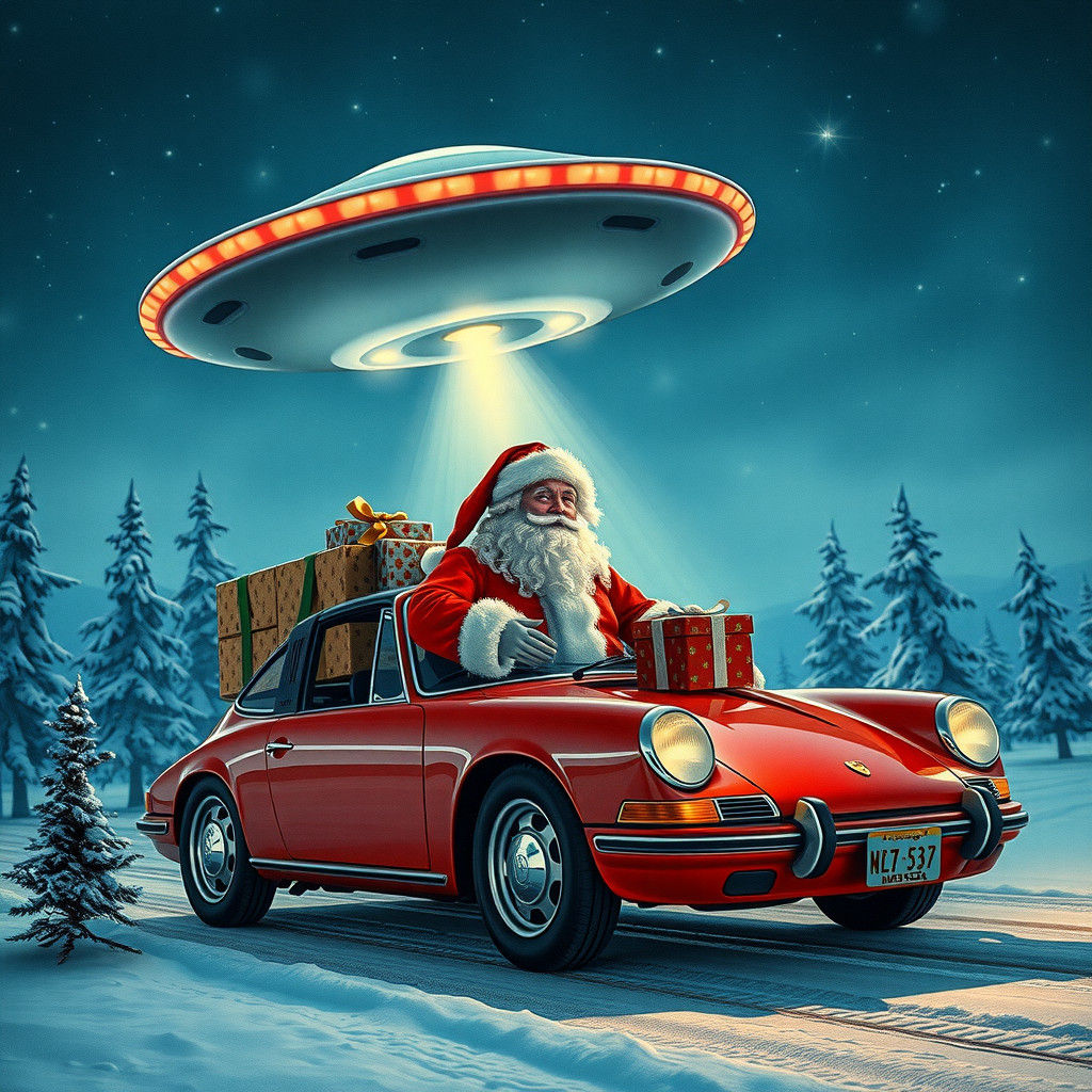 At the North Pole a Large UFO helps transport Santa with gifts and the Porsche to the well deserving young man