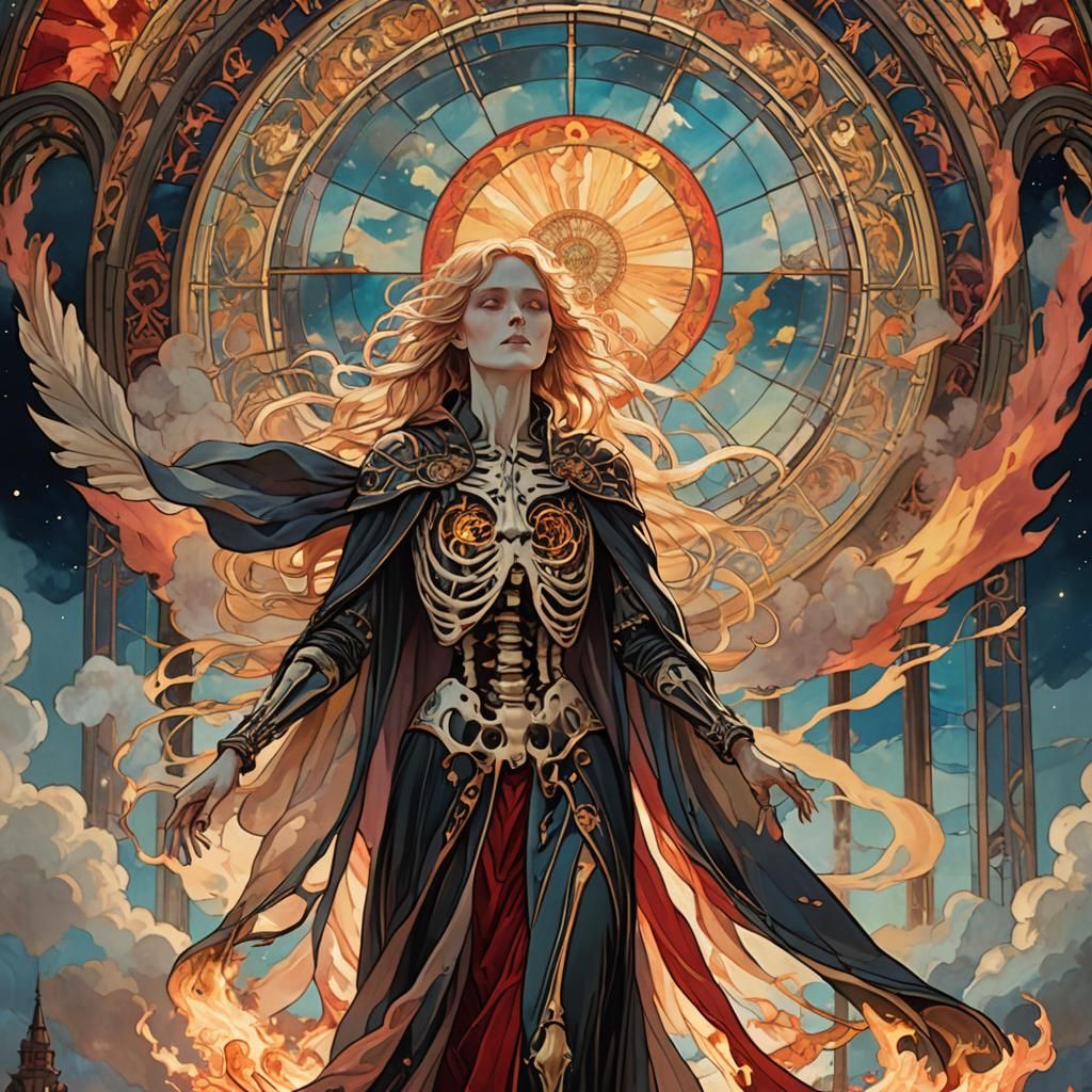 Art Nouveau UFO: Skeletal Woman Ablaze