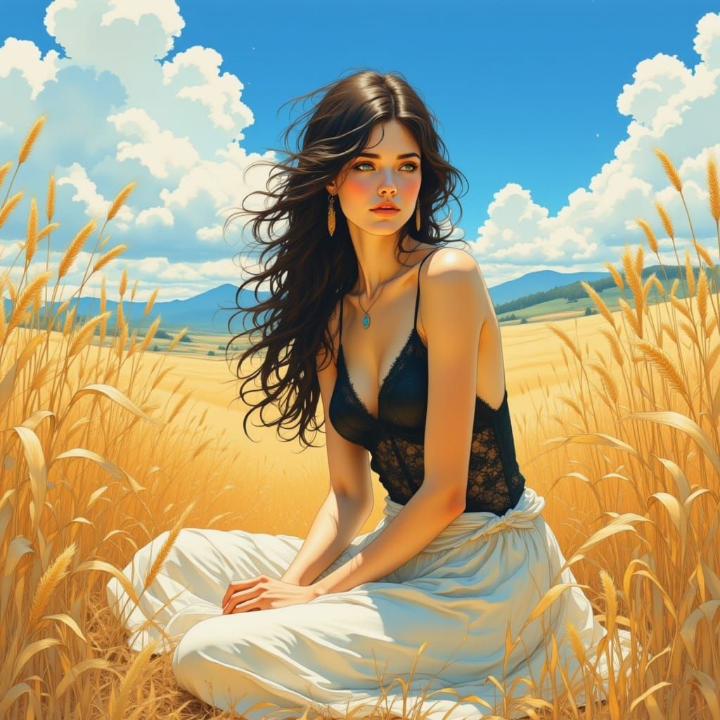 Anime Woman in Wheat Field, Serene Illustration
