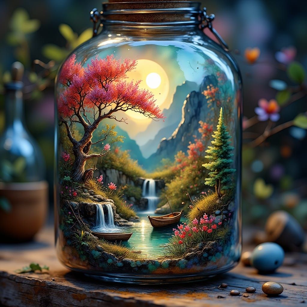 Miniature Waterfall Landscape in a Glass Bottle