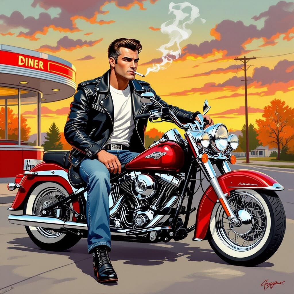 Retro Biker at 1950s Diner in Pop-Surrealist Style