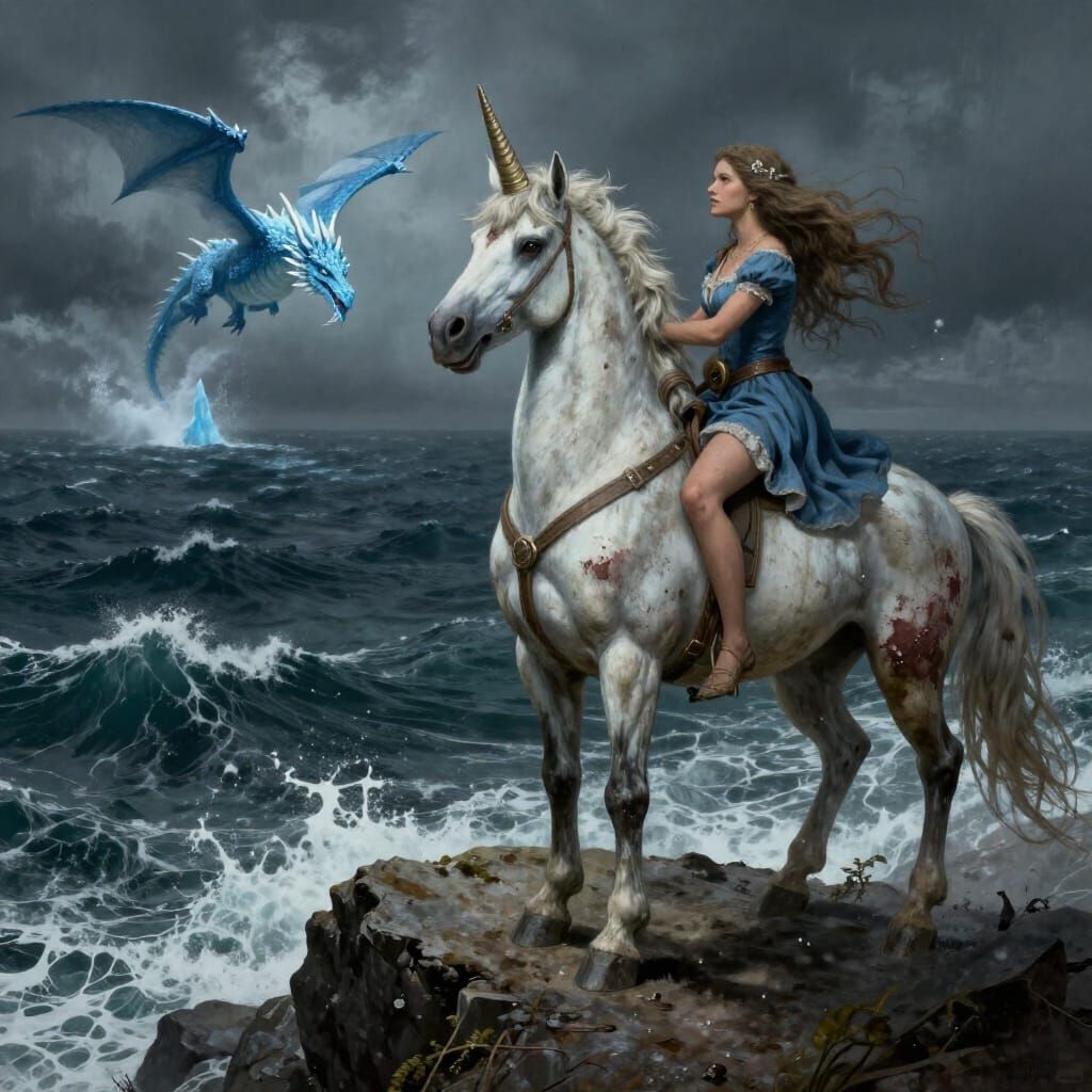 Unicorn Sorceress and Dragon in Epic Fantasy Battle