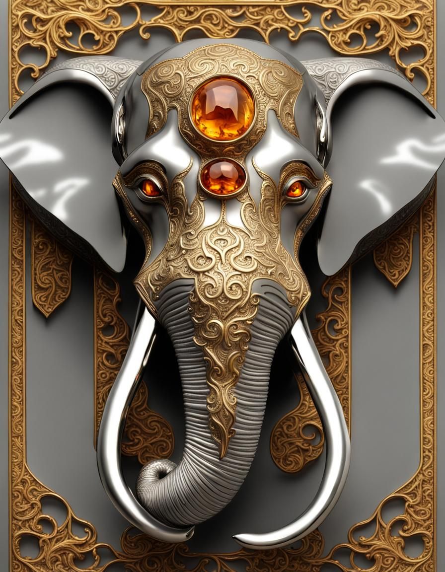 Platinum and Gold Elephant Head with Amber Eyes