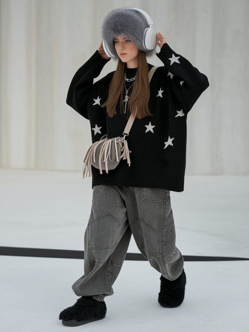 Cozy Winter Street Style Fashion in Oversized Sweater and Fu...