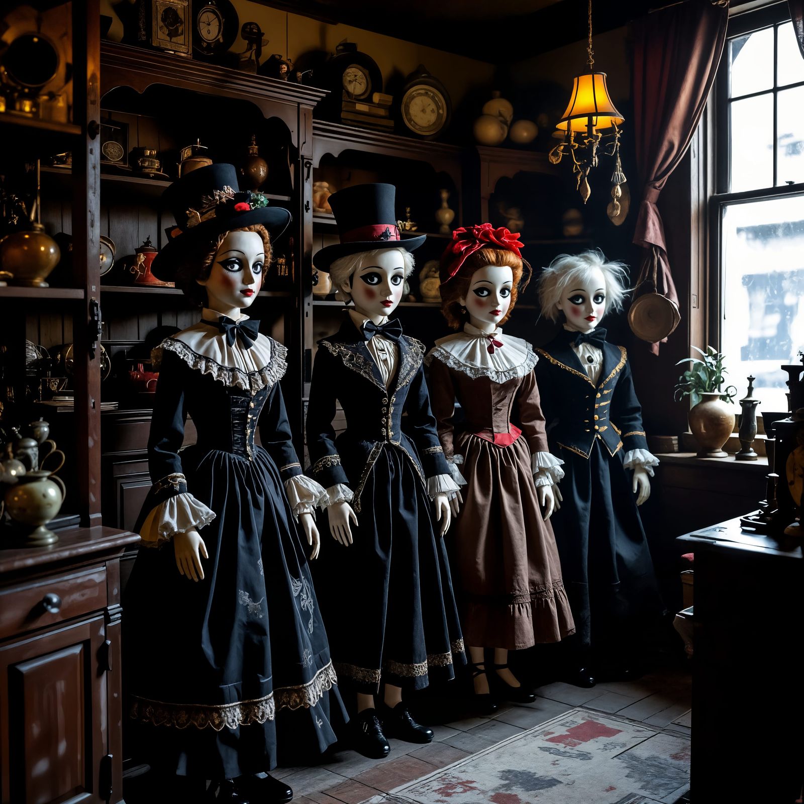 Mannequin Puppets in a Dark, Whimsical Shop