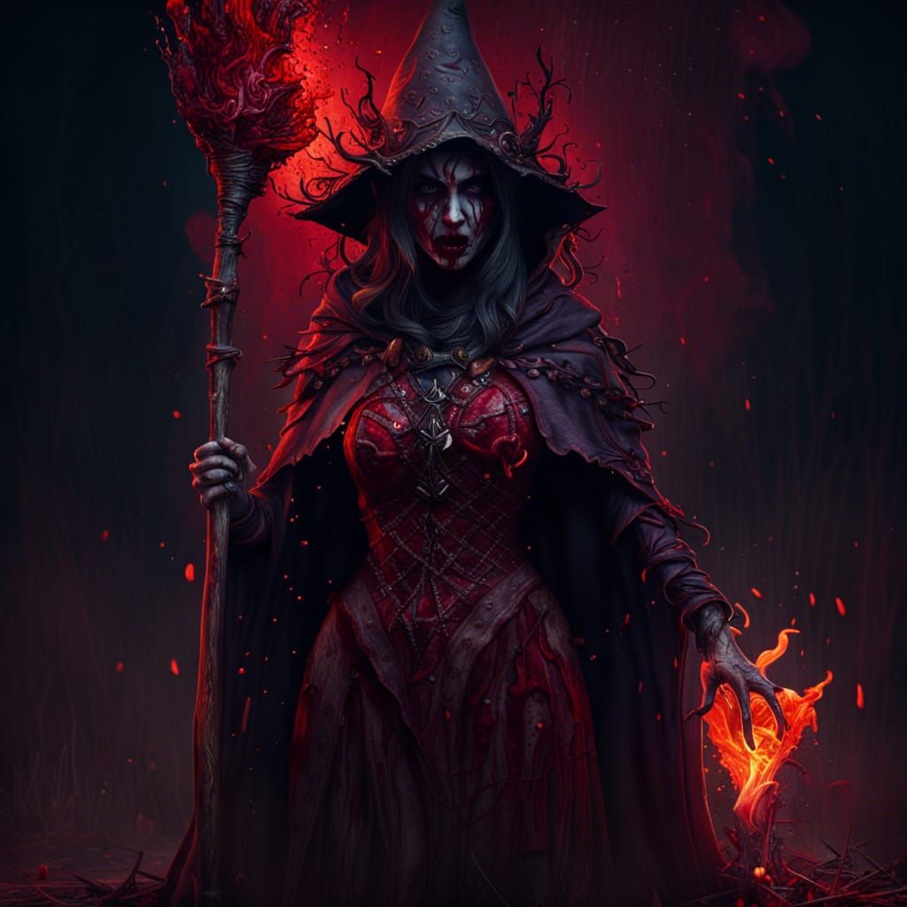 Evil Witch with Bloody Broom in Dark Fantasy