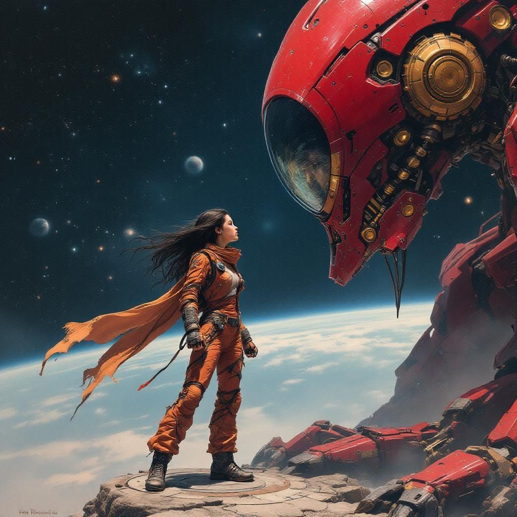 Girl Confronts Battle Mech in Oil Realism Style