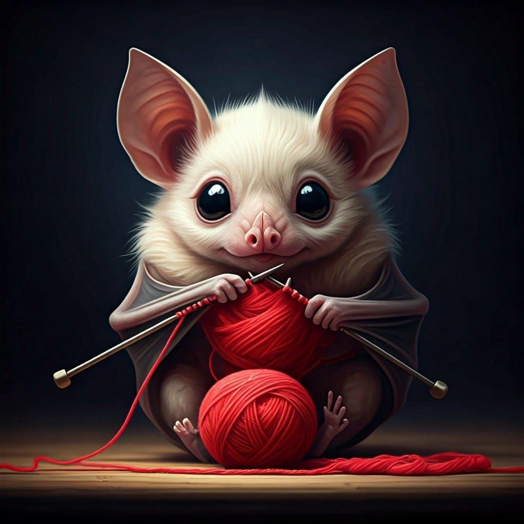 Surreal Fantasy Scene of Albino Bat Knitting with Vibrant Ya...