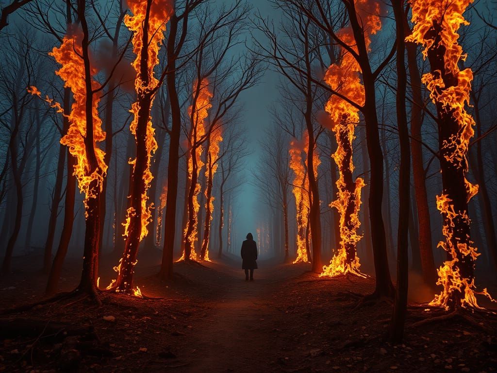 Surreal Post-Apocalyptic Landscape with Burning Trees