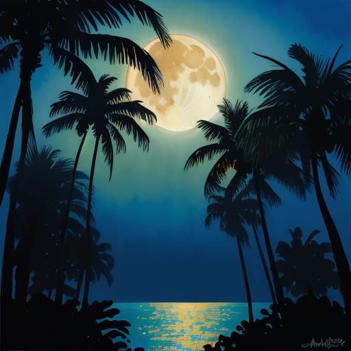 Impressionist Palm Tree Against Luminous Moon