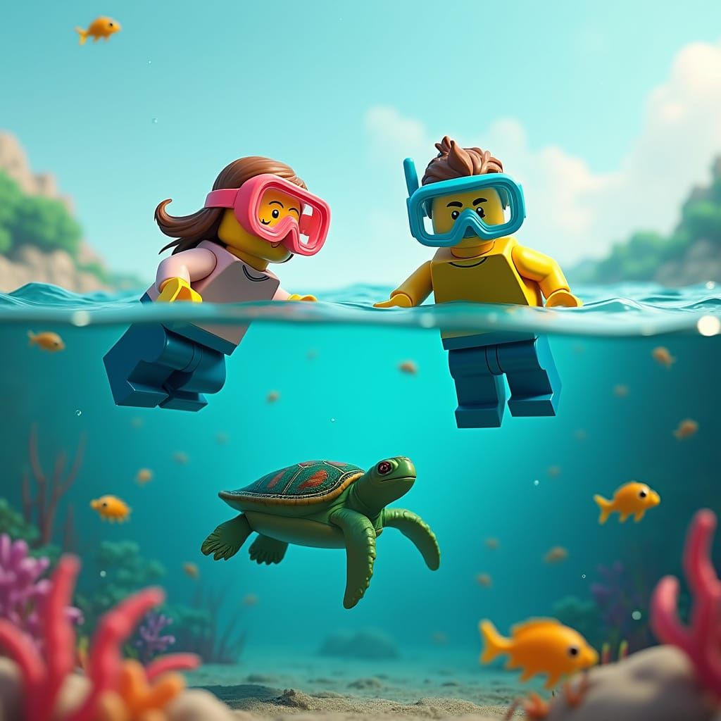 Lego Figures Snorkeling in Tropical Ocean