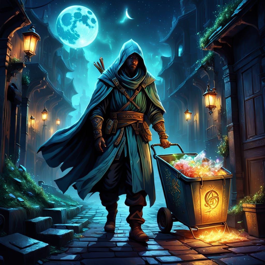 Fantasy Garbage Collector in Moonlit Alley with Energy Waste