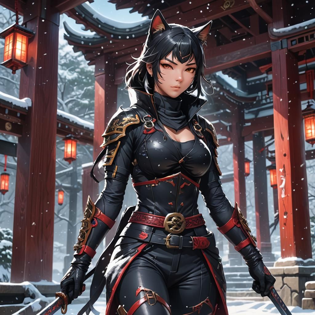 Anime Cat-Woman Ninja in Snowy Shrine