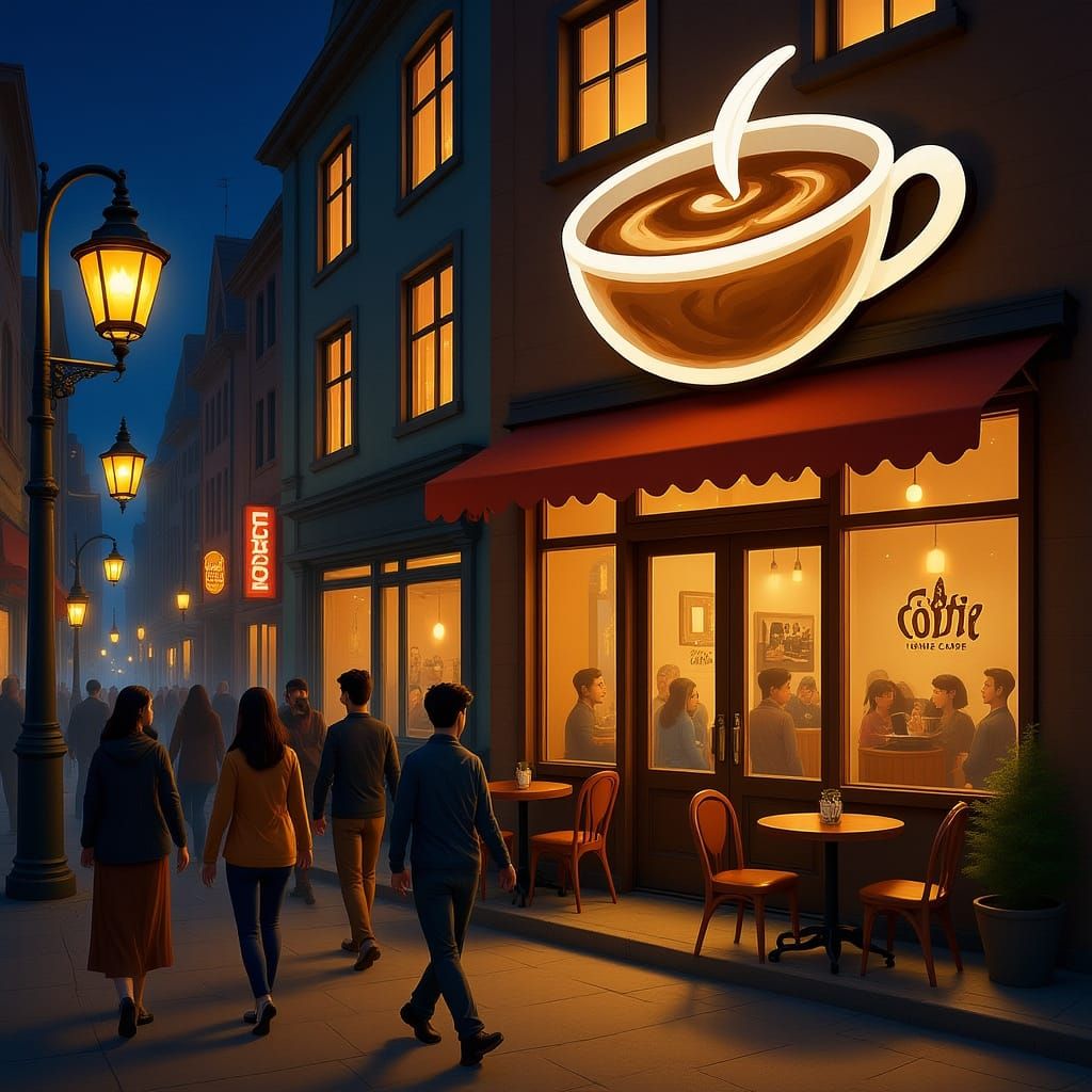 Bustling Coffee Cafe With Giant Mocha Latte Sign