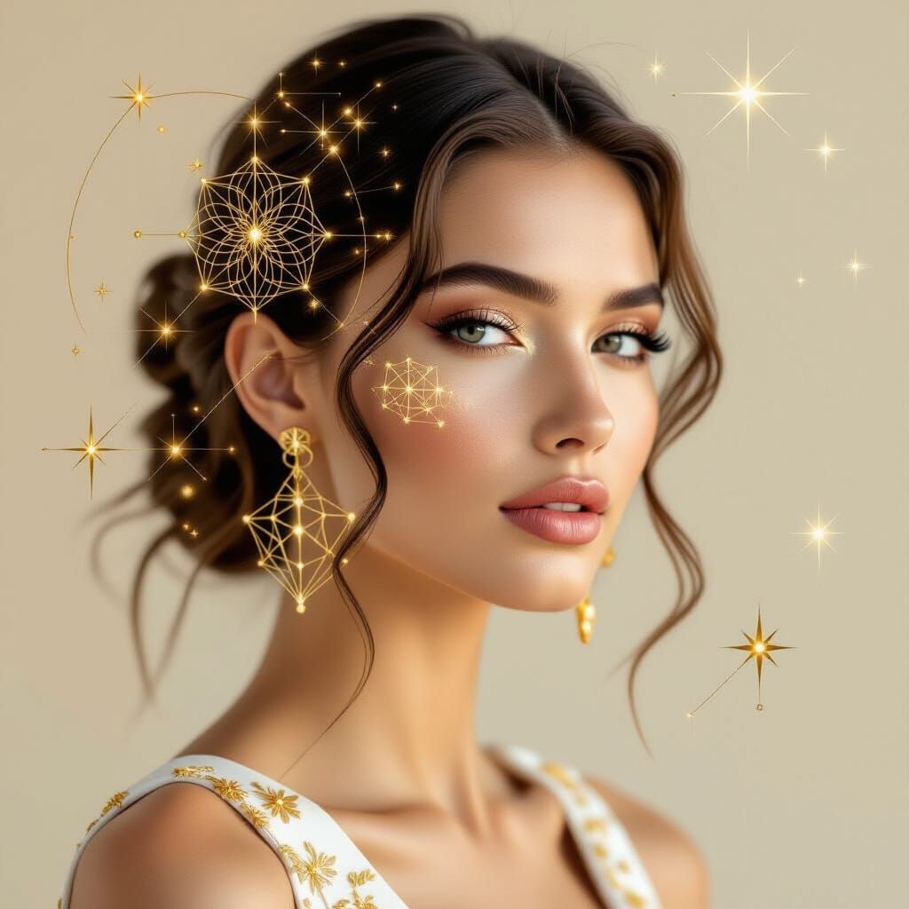 Hyperrealistic Model with Geometric Gold and Cosmic Mandala