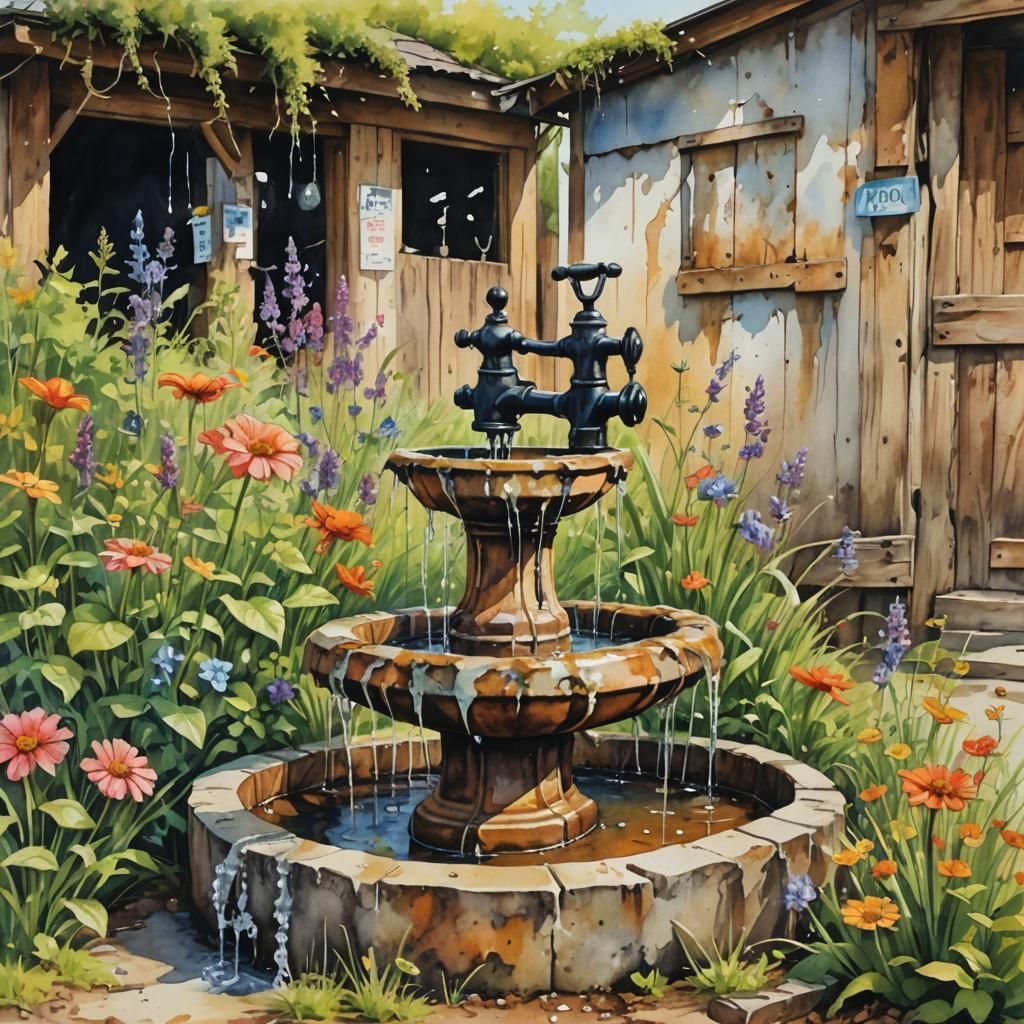 Vintage Fountain with Wildflowers in Watercolor Graffiti Sty...
