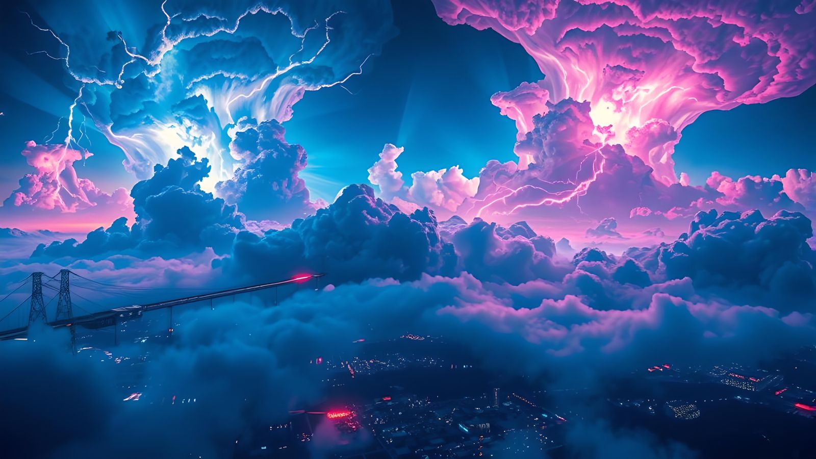 Neon Lightning Storm Over Dystopian Machine World