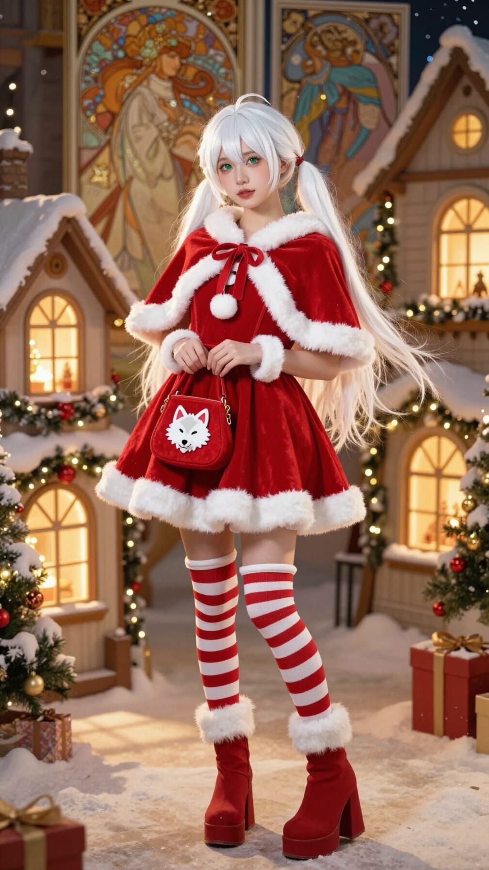 Petite Woman in Santa Dress in Christmas Village