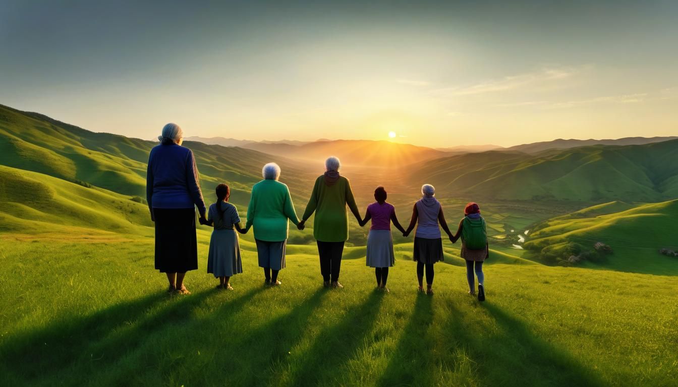 Women Watch Sunrise Over Valley: Hyperrealistic HDR