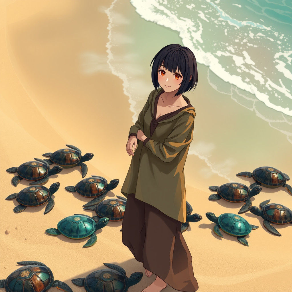 Woman and Turtles on Beach in Anime Style