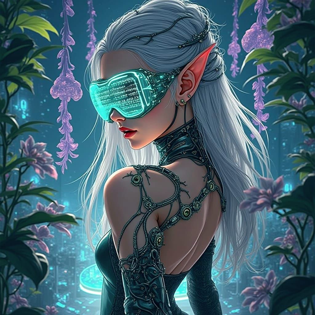 Elegant Android Woman in Neon Atrium