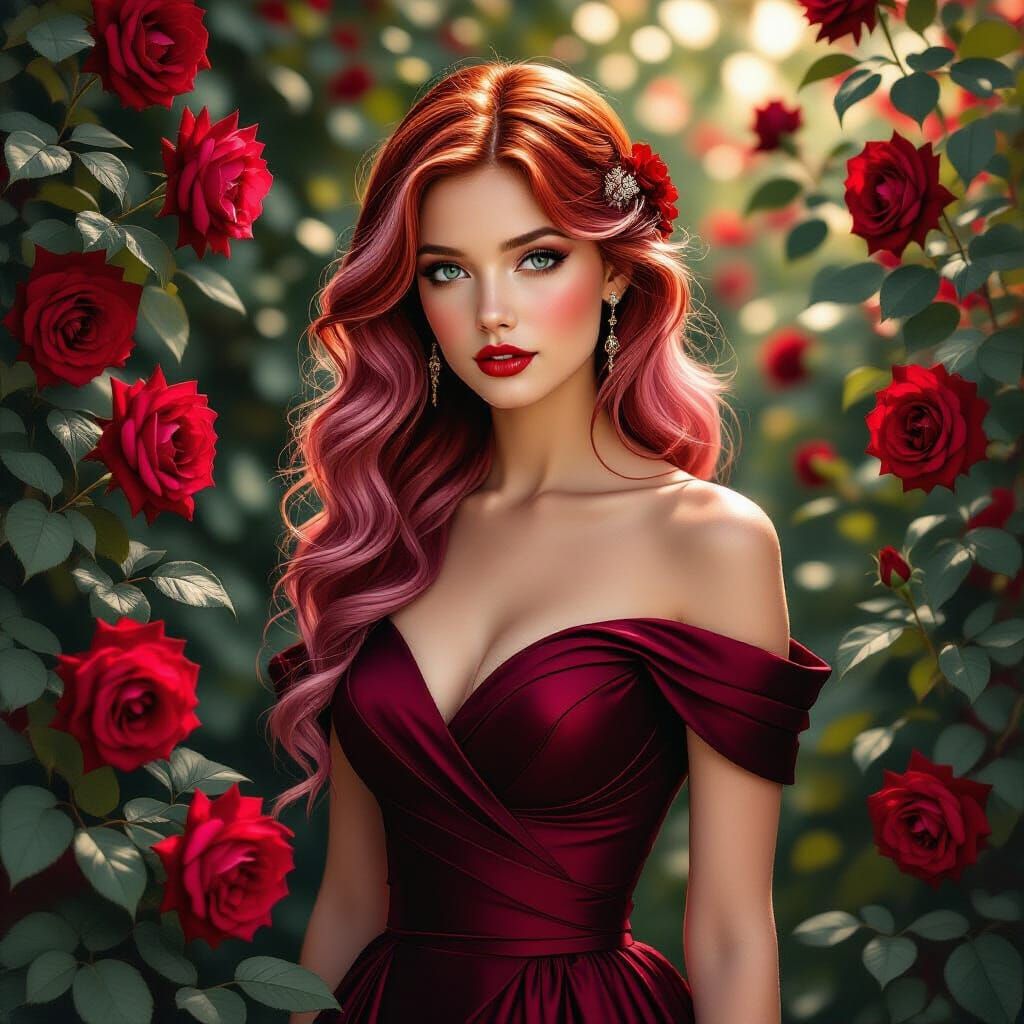 Woman With Pink And Red Hair Amidst Red Roses