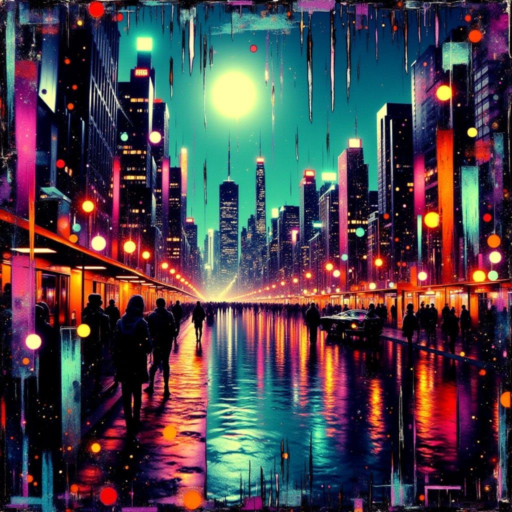 Cityscape at Midnight in Don Macana's Distorted Style