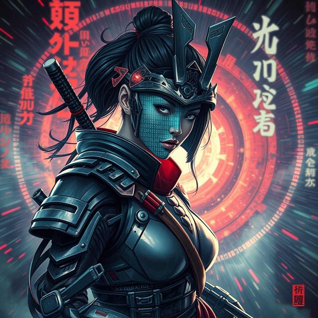 Cyberpunk Samurai Dissolving into Binary Code