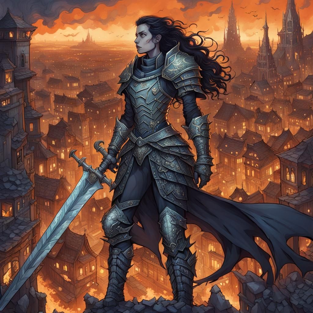 Dragon Bone Warrior Above City in Dark Fantasy Style