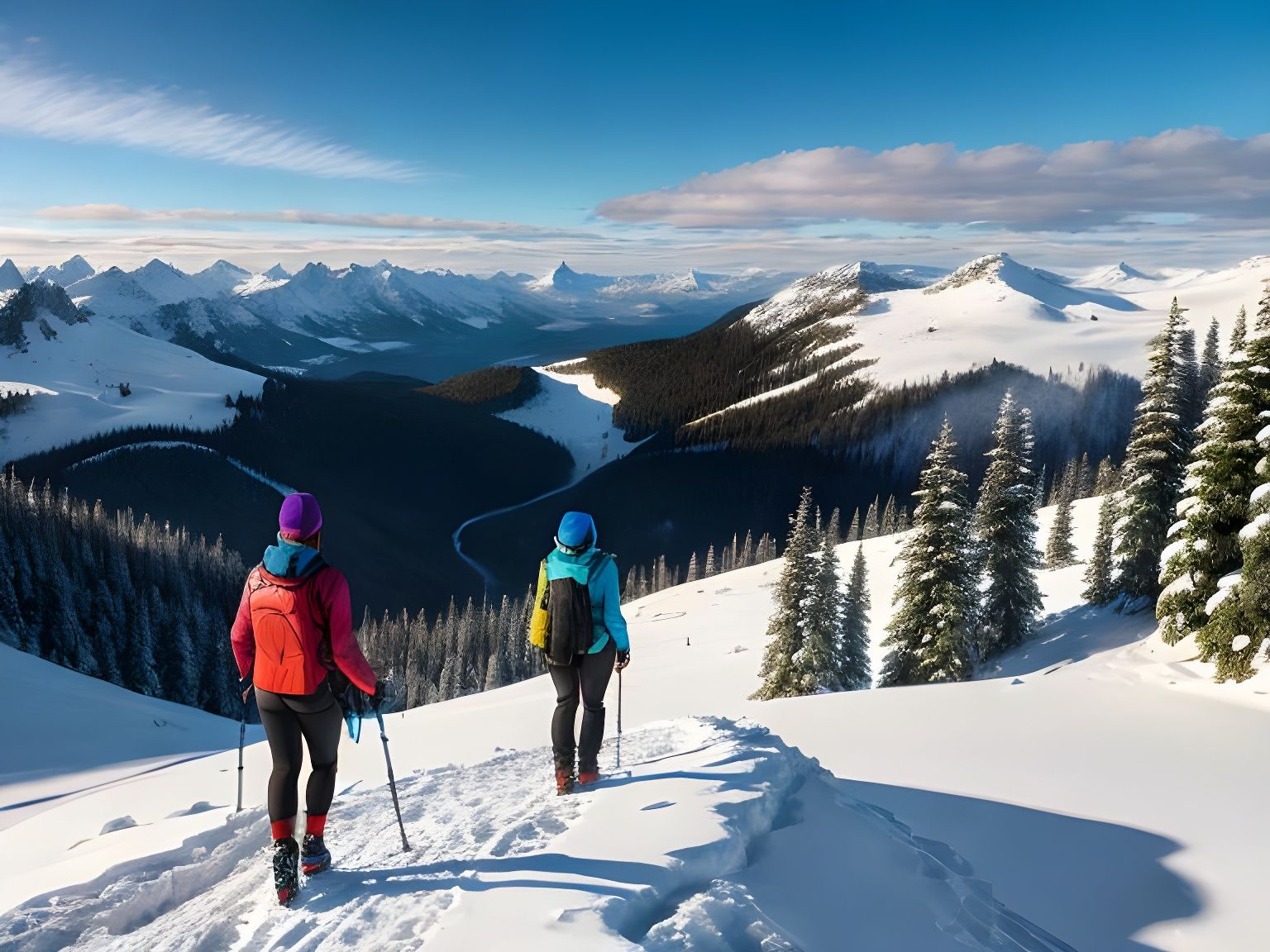 Hikers on Snowy Mountain in Expressionist Style
