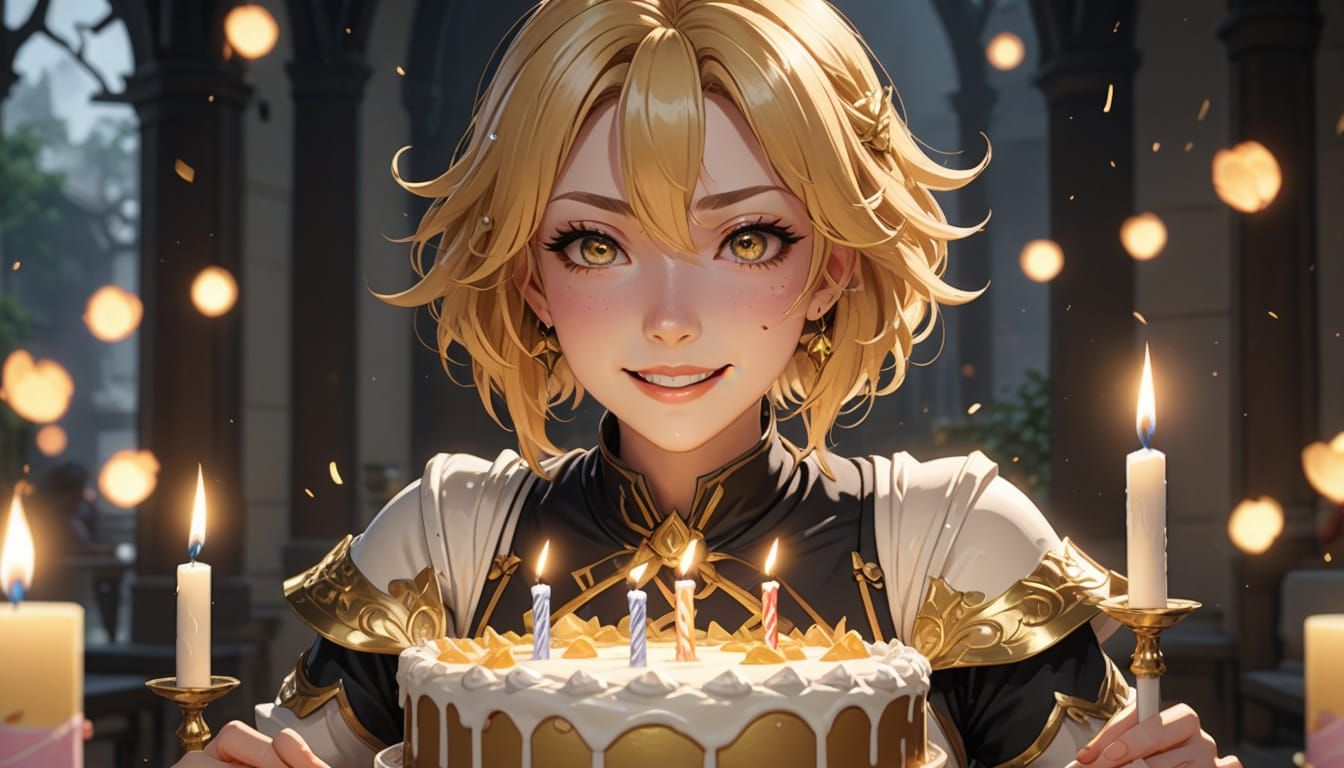 Anime Woman Blowing Out Birthday Candles in 3D