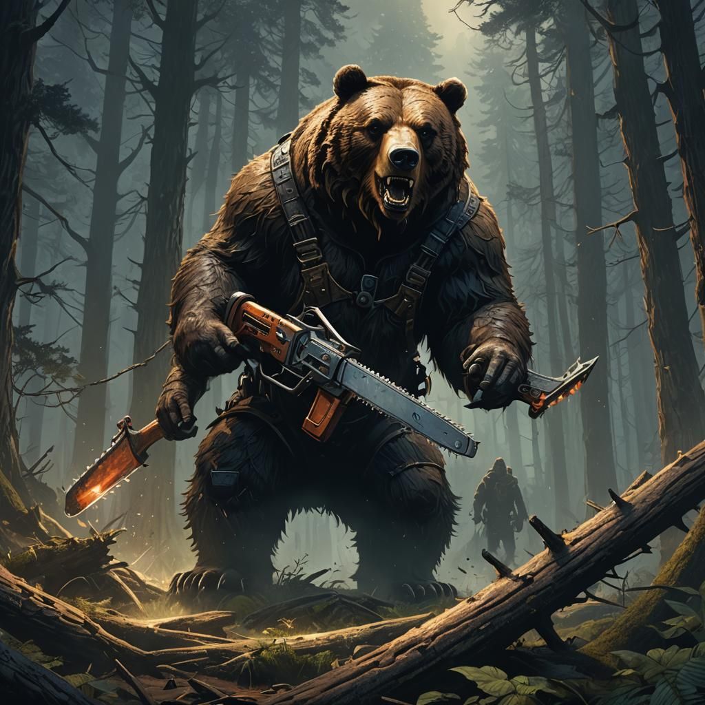 Grizzly Bear Chainsaw Duel: Dark Fantasy Art Nouveau