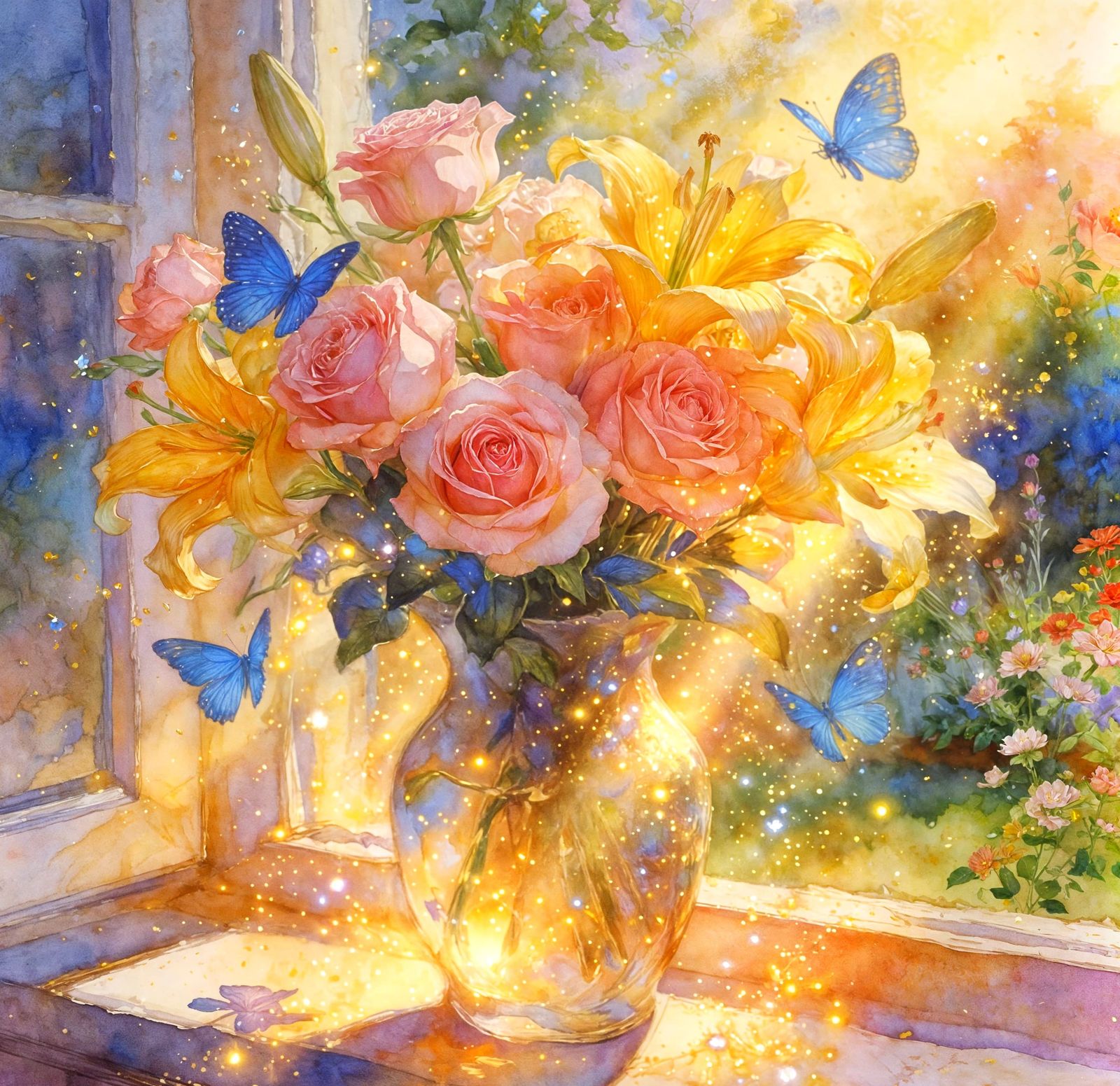 Luminous Watercolour Oil Painting of Roses, Lilies, and Butt...