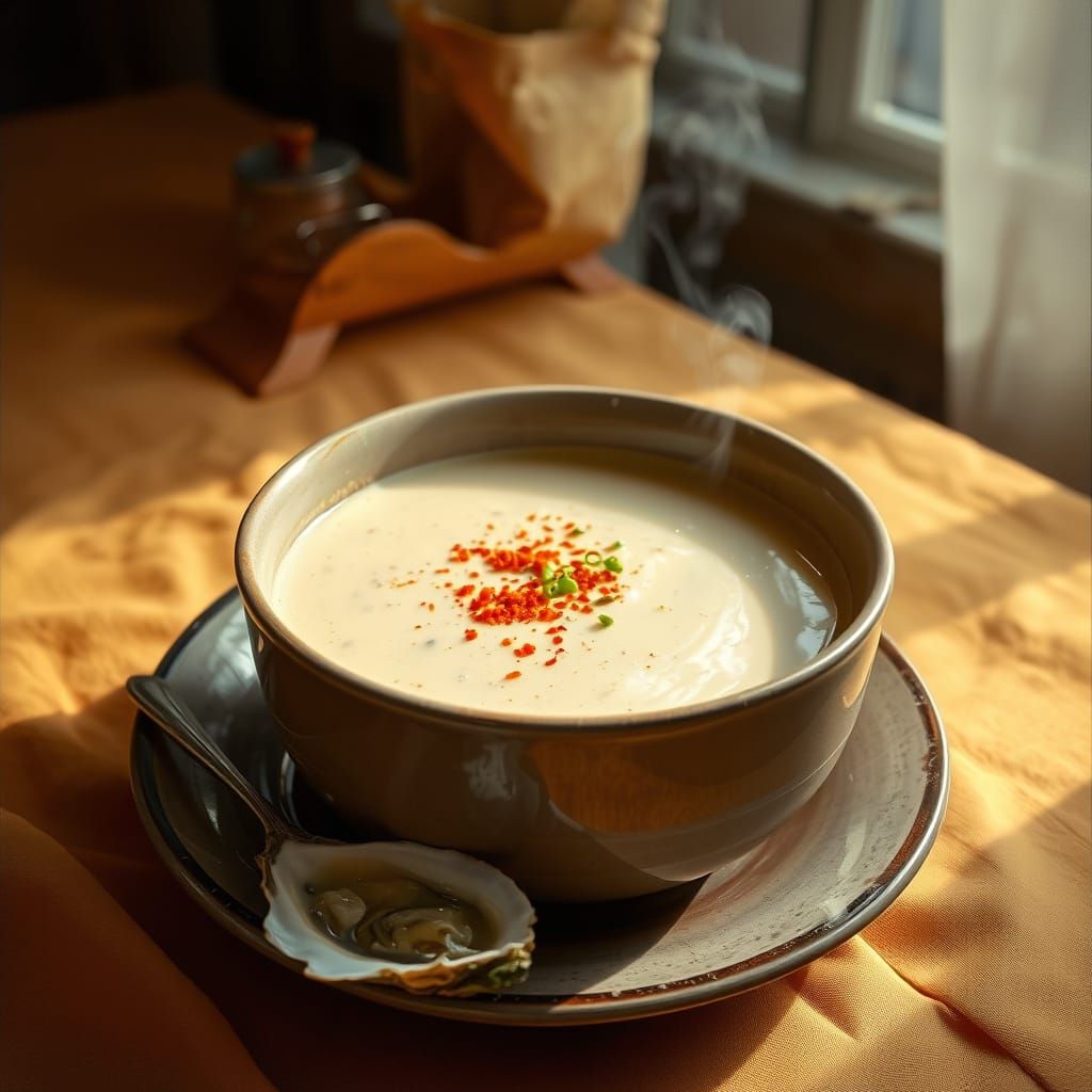 Creamy Oyster Soup with a Single Shucked Oyster