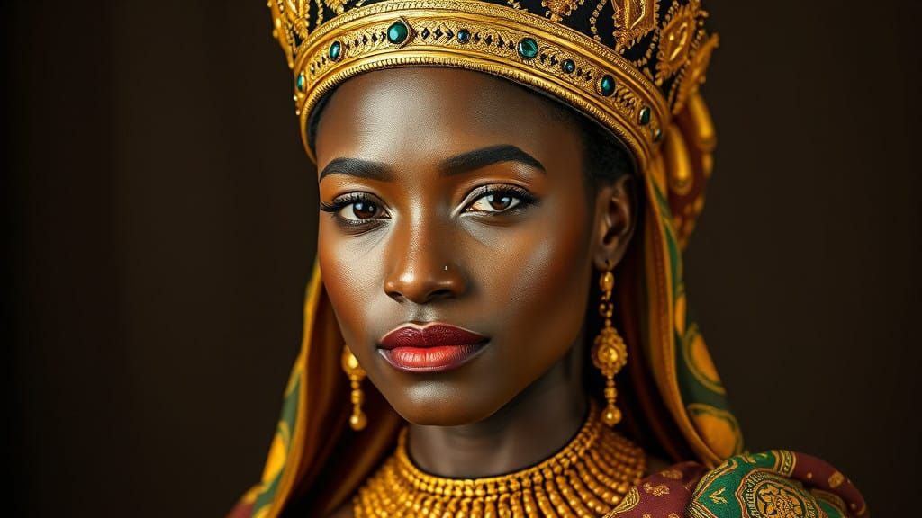 Queen Amina of Zaria: Majestic Figure in Resplendent Golden...