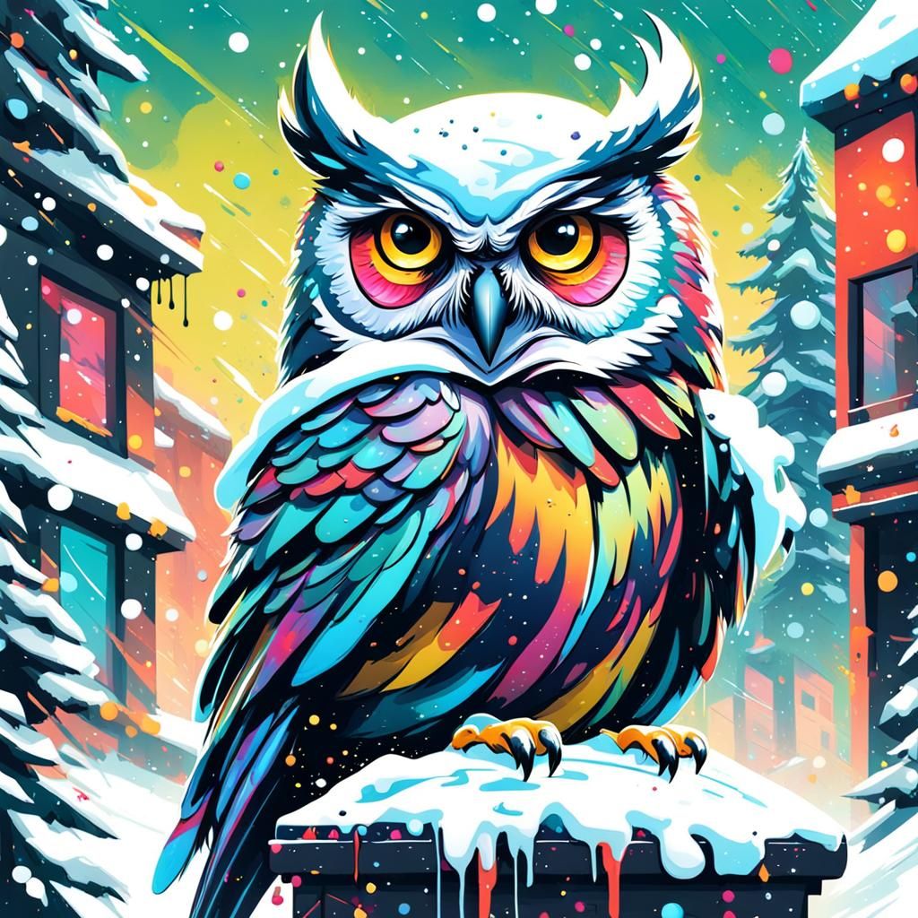 Christmas Owl in Snowy Tree, Graffiti Art
