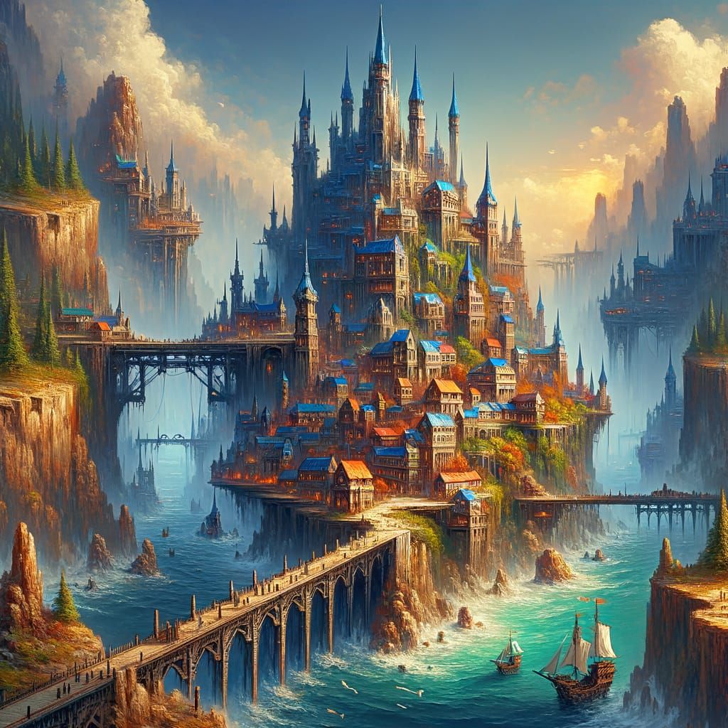 Fantasy Coastal City on Cliffside with Sea-Arch, Matte Paint...