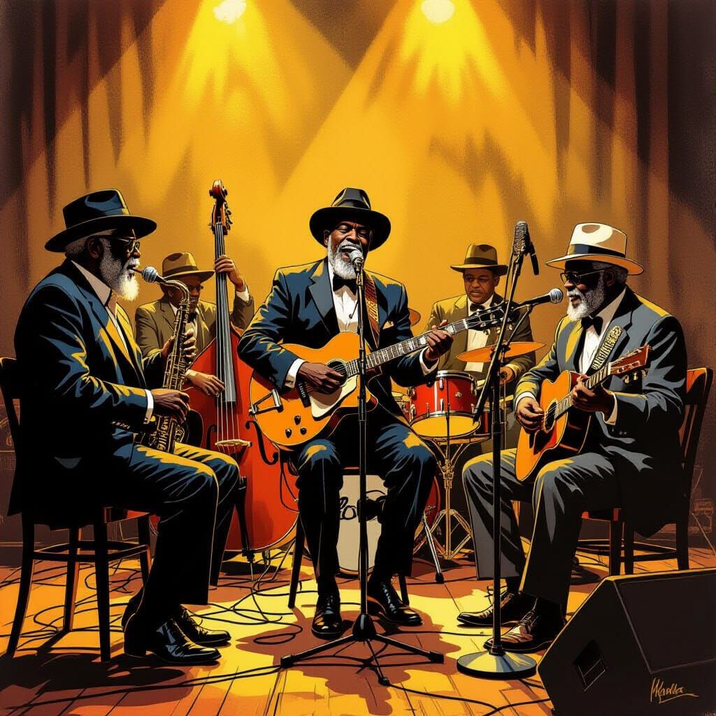 Blues Legends Gathered On Stage in 1960s Style