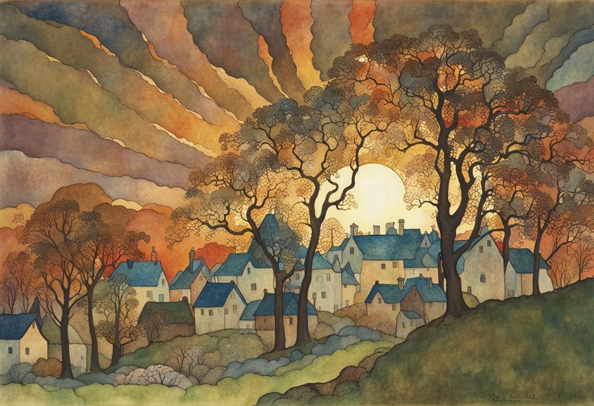 Village Sunrise Inspired by Dulac's Colorful Ink Style