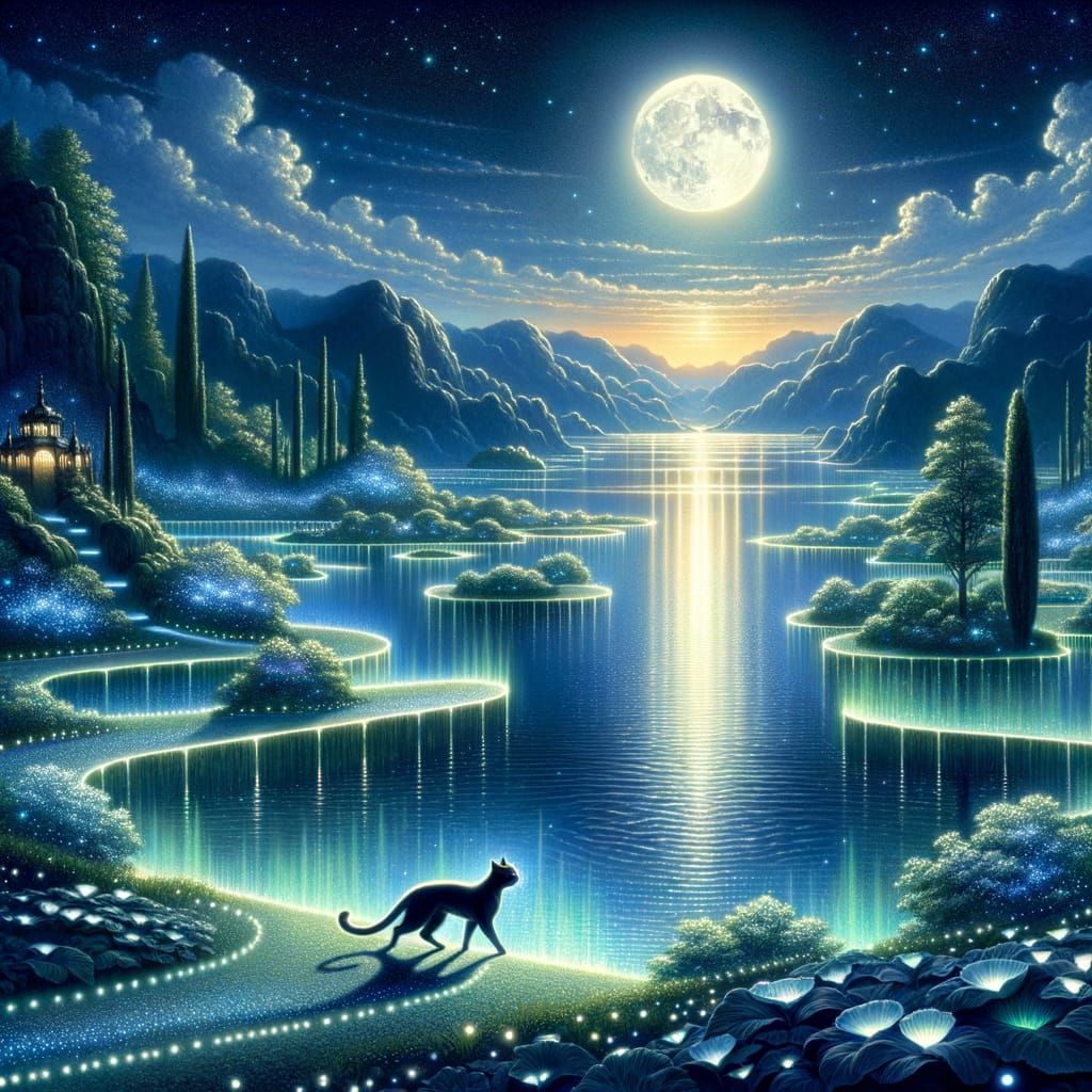 Prestine lake surronded by Bioluminescent raised garden glow...