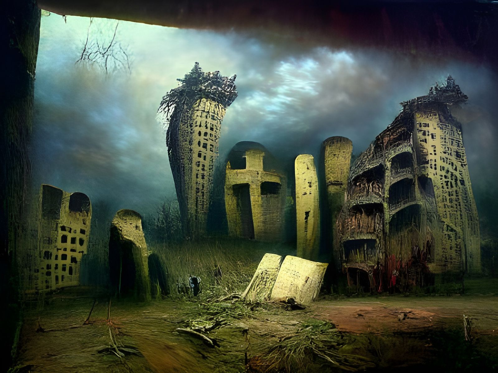 Apocalyptic City Ruins: A Macabre Surrealist Painting