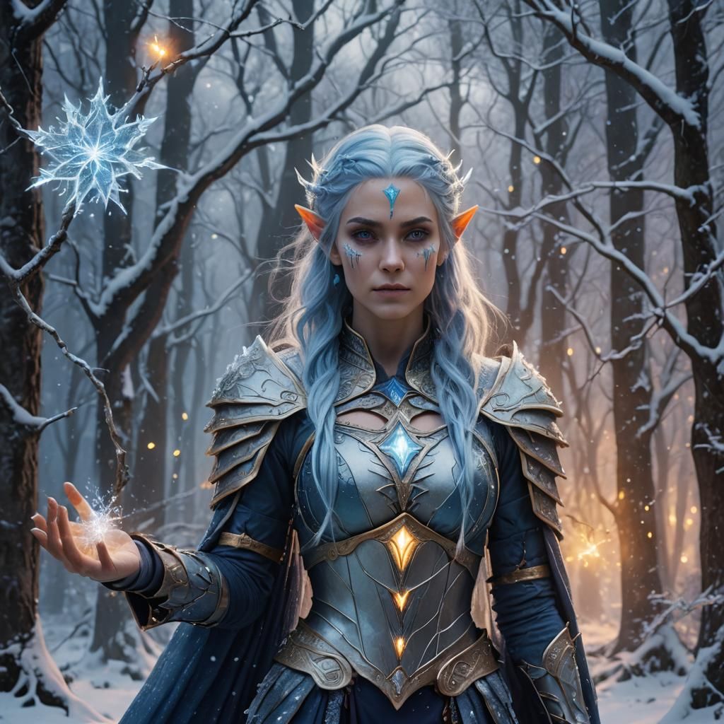 Icy Snow Elf Summons Electricity in Mystic Forest