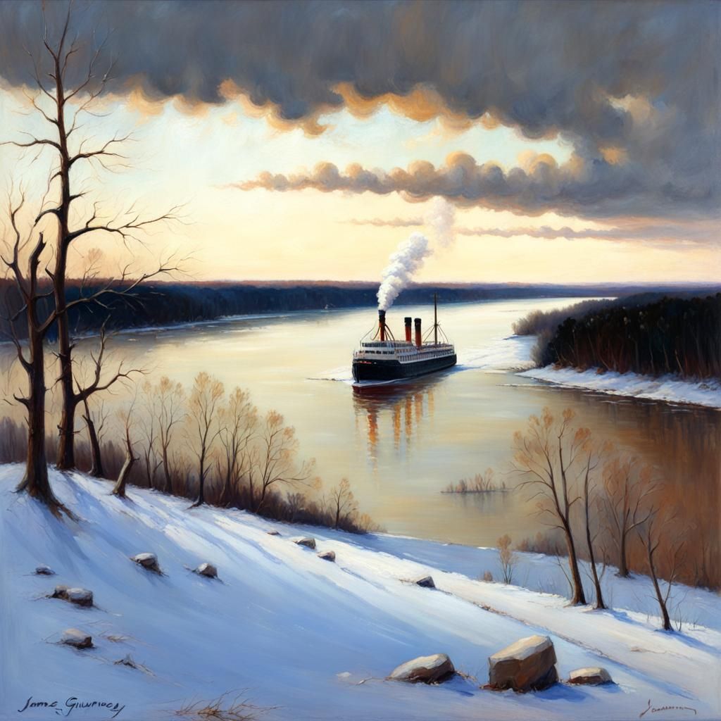 Mississippi River in winter with a steamship chugging along  oil painting by James Gurney
