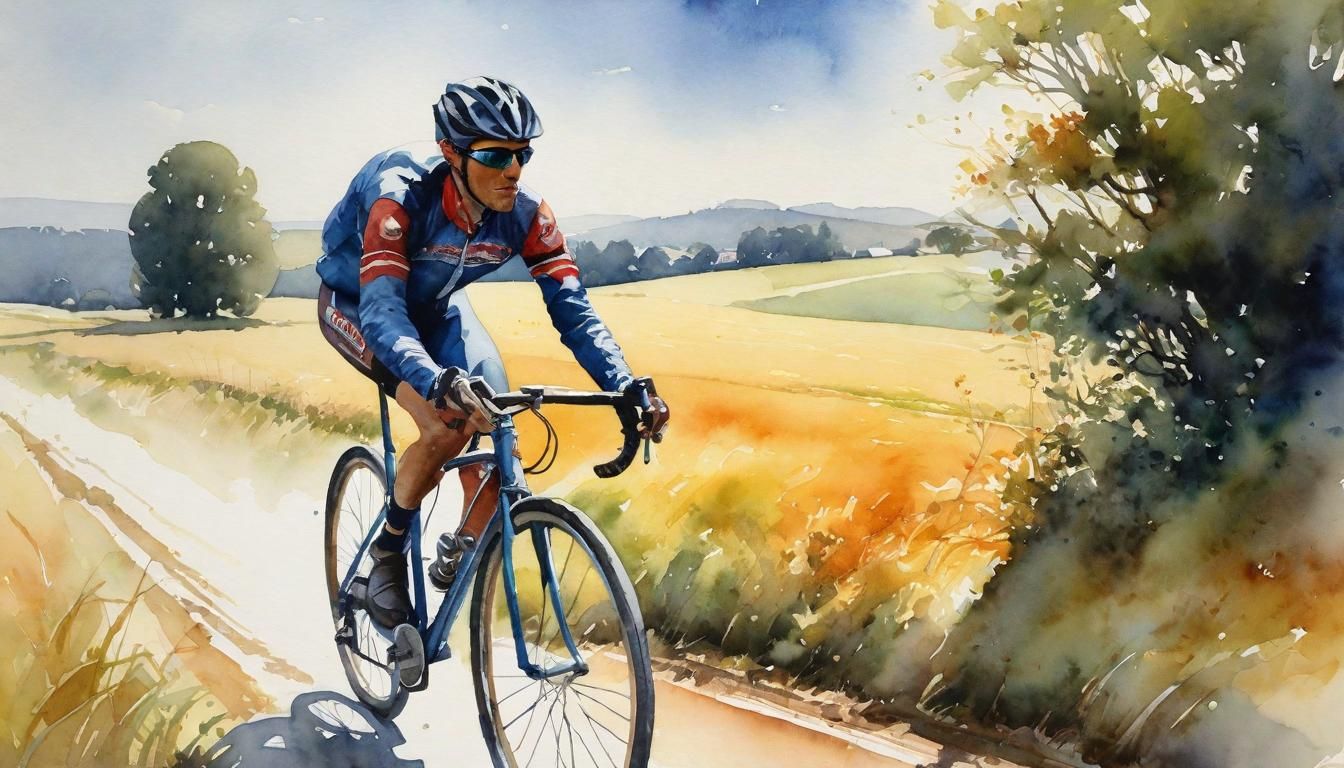 Watercolor Bicycle Rider in Summer Landscape