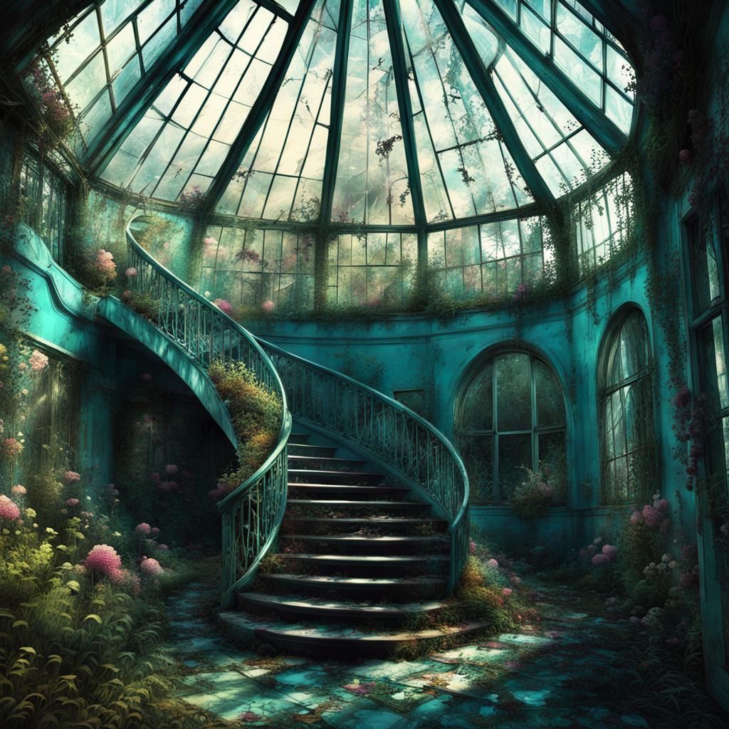Abandoned Greenhouse with Unusual Flowers, Matte Painting