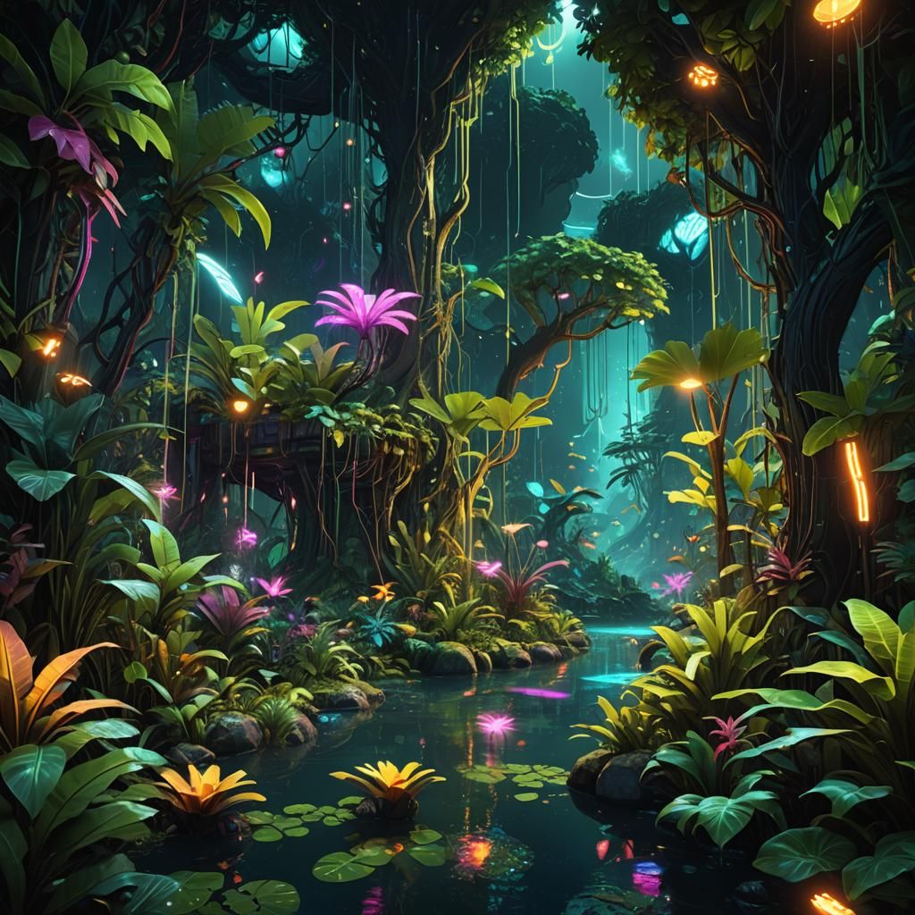 Neon Jungle with Glowing Flora and Fauna