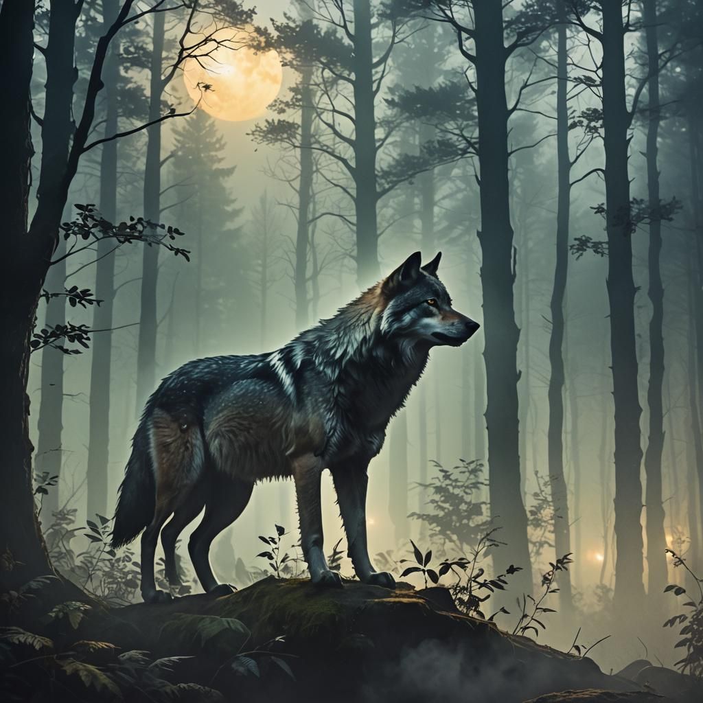 Surreal Wolf Silhouette in Misty Forest