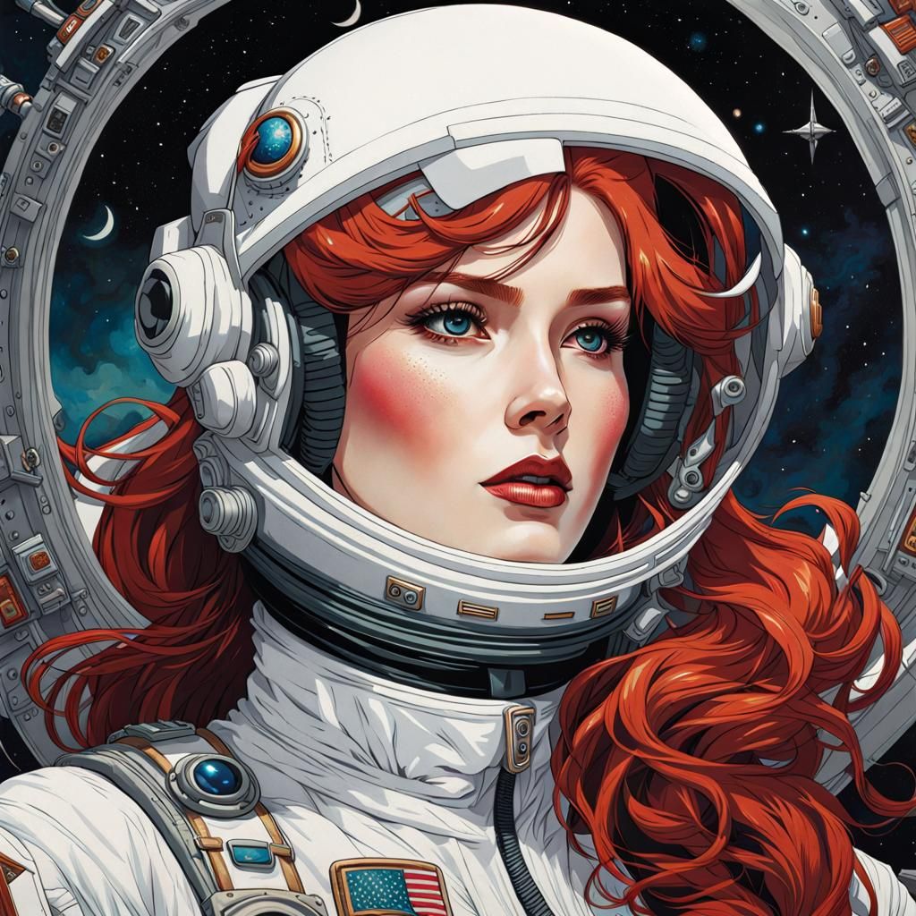 Gothic Red-Haired Astronaut Portrait in Ukiyo-e Style