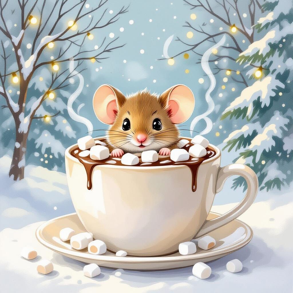 Mouse Peeking from Giant Cocoa Cup, Watercolor Illustration