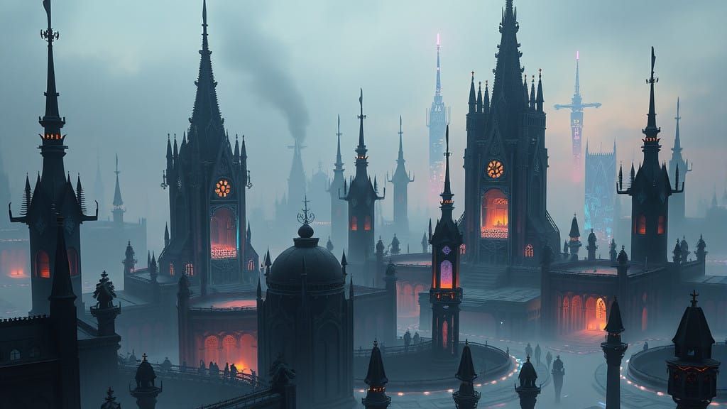 Cyber-Gothic Metropolis in Dreamy, Ethereal Haze